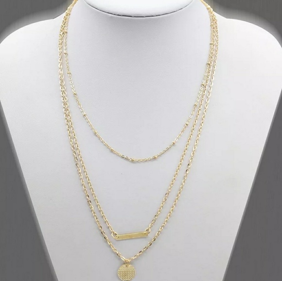 Gold tone Triple Layer Bead Bar Coin Necklace - Picture 2 of 4